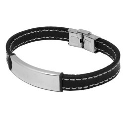 PULSERA LESTOR ACERO CON CHAPA CENTRAL Y PIEL NEGRA CON PESPUNTE BLANCO LARGO 22 CM