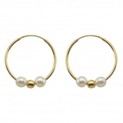 PENDIENTES ORO AMARILLO 18 KILATES ARO 1X14 MILÍMETROS CON BOLA ORO Y DOS PERLAS