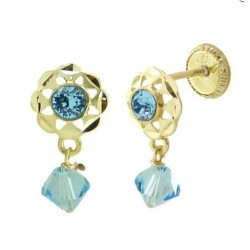 PENDIENTES ARQUILLO NIÑA BOLA CRISTAL AZUL CIERRE TORNILLO ORO AMARILLO 18 KILATES