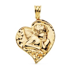 COLGANTE ORO AMARILLO 18 KILATES CORAZÓN CON ANGELITO  17X23 MILÍMETROS