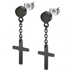 PENDIENTES LOTUS STYLE MEN´EARRINGS HOMBRE ACERO IP NEGRO CON CADENA Y CRUZ LARGO 3.34 CENTÍMETROS