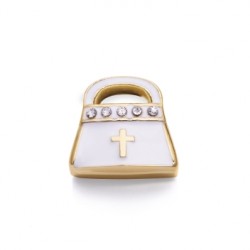 MOTIVO PULSERA VICEROY NIÑA BOLSO COMUNIÓN ESMALTE BLANCO CRUZ Y CIRCONITAS BLANCAS ACERO IP DORADO ACABADO BRILLO 9X9 MILÍMETRO