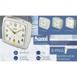 RELOJ DESPERTADOR SAMI CUADRADO 10X9 CENTIMETROS COLOR BLANCO ESFERA COLOR BLANCO LUZ SONIDO CAMPANA CON REPETICIÓN