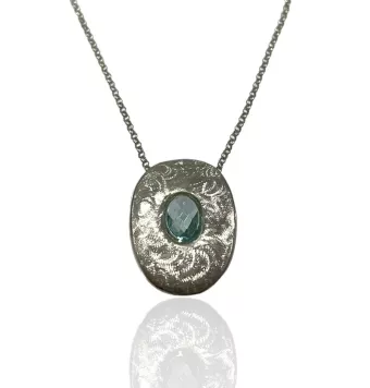 COLLAR PLATA DE LEY 925 COLGANTE CIRCULO CON PIEDRA AZUL 44 CENTÍMETROS DE LARGO