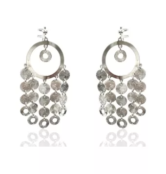 PENDIENTES PLATA DE LEY 925 DOBLE CIRCULO CON PEQUEÑOS CIRCULOS COLGANTES 7X3.5 CENTÍMETROS