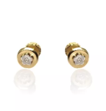 PENDIENTES NIÑA ORO 18 KILATES BICOLOR REDONDO 6 MILÍMETROS MOTIVO FLOR ORO BLANCO CON CIRCONITA BLANCA CIERRE TORNILLO