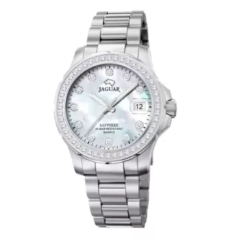 RELOJ JAGUAR MUJER ANALOGICO CADENA ACERO CAJA ACERO NICKEL FREE 34.5 BISEL CON CIRCONITAS ESFERA PLATEADA CON CIRCONITAS Y CALE
