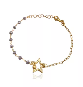 PULSERA MUJER  PLATA DE LEY 925 CHAPADO DORADO ESTRELLA 15 MILÍMETROS CADENA FORZADA CON BOLAS NEGRAS LARGO 17-20 CENTÍMETROS CI