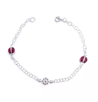 PULSERA NIÑA PLATA DE LEY 925 CADENA ANILLAS DOS MARIQUITAS ESMALTE ROJO Y FLOR PLATA CIERRE MOSQUETÓN LARGO 18 CM