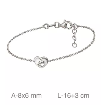 PULSERA MUJER PLATA DE LEY 925 CORAZÓN Y HUELLA 8X6 MILÍMETROS LARGO 16+3 CENTÍMETROS