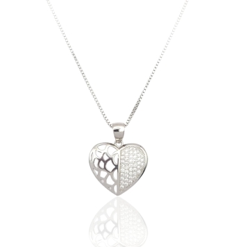 GARGANTILLA PLACARI MUJER PLATA DE LEY 925 CORAZÓN 16X14 MILÍMETROS MITAD CALADO MITAD CIRCONITAS BLANCAS CADENA VENECIANA LARGO