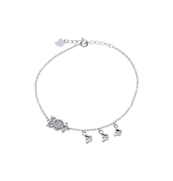 PULSERA MUJER PLATA DE LEY 925 BAÑO RODIO BÚHO CIRCONITAS BLANCAS Y TRES MARIPOSAS LARGO 17-20 CENTÍMETROS