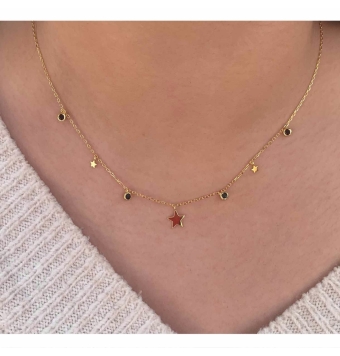 GARGANTILLA MUJER PLATA DE LEY 925 CHAPADO DORADO CON ESTRELLAS 1 DE 7 MILÍMETROS DOS DE 3 MILÍMETROS Y CUATRO PIEDRAS REDONDAS