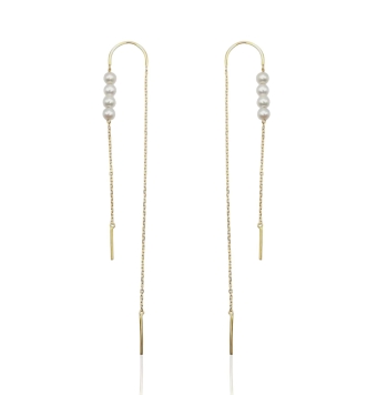 PENDIENTES LARGOS MUJER ORO AMARILLO 18 KILATES CADENA CON DOS BARRAS TUBO REDONDO Y 4 PERLAS BLANCAS 3.5 MILÍMETROS LARGO TOTAL