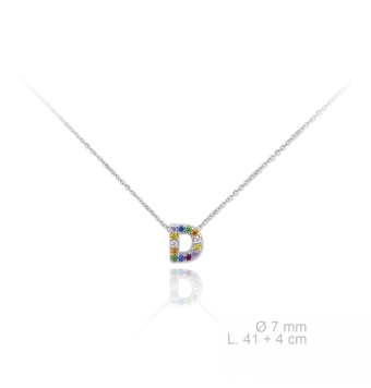 GARGANTILLA PLATA DE LEY 925 CADENA FINA CON INICIAL D CON CIRCONITAS MULTICOLOR 7 MILÍMETROS LARGO AJUSTABLE 41-45 CENTÍMETROS