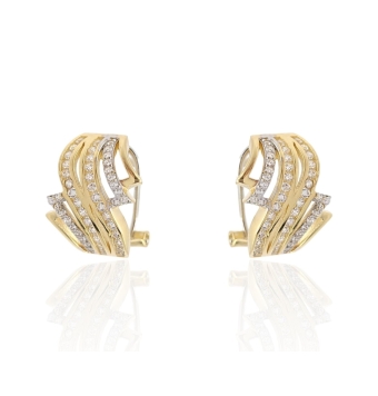 PENDIENTES MUJER ORO BICOLOR 18 KILATES BARRAS CURVAS Y CRUZADAS CIRCONITAS BLANCAS 12X15 MILÍMETROS CIERRE OMEGA
