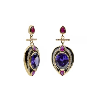 PENDIENTES LARGOS LINEARGENT MUJER 19498-R PLATA DE LEY 925 BAÑO DE ORO PIEDRAS DE COLORES EN TONO AMATISTA LAVANDA FUCSIA Y B