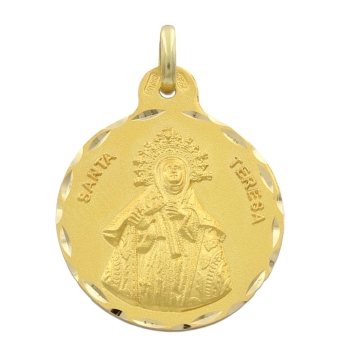 COLGANTE MEDALLA VIRGEN SANTA TERESA ORO AMARILLO 18 KILATES ACABADO MATE CERCO TALLADO 21 MILÍMETROS