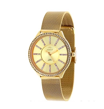 Reloj Marea mujer cadena malla acero pavonado dorado caja metal esfera dorada con circonitas