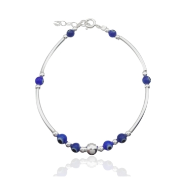 PULSERA SEMIRÍGIDA PLATA DE LEY 925 TUBOS LISOS ALTERNOS CON BOLITAS PLATA 2 MILÍMETROS Y BOLITAS OJO TURCO AZULES LARGO AJUSTAB