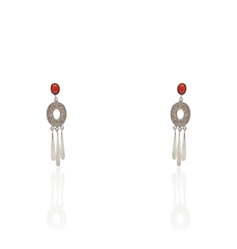 PENDIENTE PLATA ETNICO FORMA CIRCULO TALLADO CON TRES COLGANTES LISA PIEDRA 1 CORAL PRESION