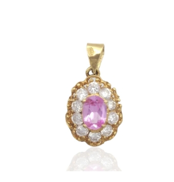 COLGANTE MUJER ORO AMARILLO 18 KILATES OVALADO CIRCONITA OVALADA ROSA FRANCIA CIRCONITAS BLANCAS 13X16 MILÍMETROS