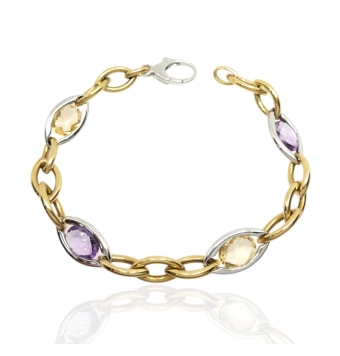 PULSERA MUJER ORO BICOLOR 18 KILATES ESLABONES OVALADOS CON AMATISTAS Y AMBAR FACETADAS ANCHO 10 MILÍMETROS LARGO 21 CENTÍMETROS