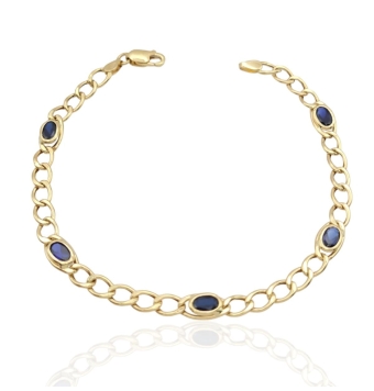 PULSERA MUJER ORO AMARILLO 18 KILATES ESLABONES HUECOS BARBADA CON 5 PIEDRAS AZUL ZAFIRO LARGO 19 CENTÍMETROS