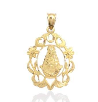 COLGANTE MEDALLA VIRGEN DEL ROCÍO ORO AMARILLO 18 KILATES CERCO FLORES 25X30 MILÍMETROS