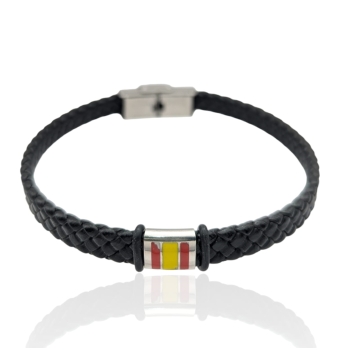 PULSERA LESTOR HOMBRE ACERO BANDERA DE ESPAÑA ESMALTE Y PIEL TRENZADANEGRA LARGO 21 CENTÍMETROS
