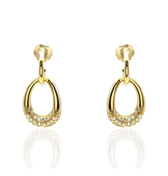 PENDIENTES LARGOS PLACARI MUJER PLATA DE LEY 925 CHAPADO DORADO BARRA UNIDA A FORMA OVALADA CIRCONITAS BLANCAS 11X26 MILÍMETROS