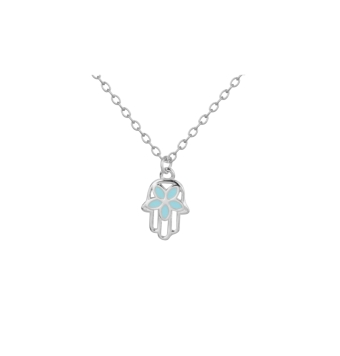 GARGANTILLA MUJER PLATA DE LEY 925 RODIADO CADENA ROLO Y COLGANTE DE MANO DE FATIMA CON FLOR TURQUESA LARGO CADENA 40+5 CENTÍMET
