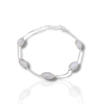 PULSERA PLATA DE LEY 925 CON 5 PIEDRAS LUNA OVALADAS FACETADAS BOCELADAS 11X8 MILÍMETROS UNIDAS POR CADENA BARBADA LARGO AJUSTAB