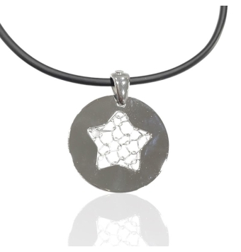 COLLAR PLATA DE LEY 925 CORREA DE CAUCHO 40 CENTÍMETROS COLGANTE CIRCULO CON ESTRELLA 35 MILÍMETROS