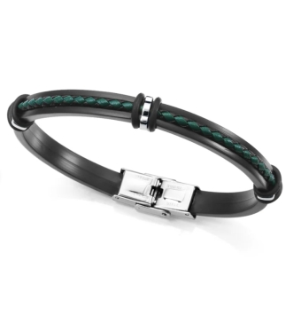 PULSERA VICEROY HOMBRE SICICONA CON PIEL TRENZADA VERDE Y NEGRA Y MOTIVOS DE ACERO LARGO 21.5 CENTÍMETROS AJUSTABLE