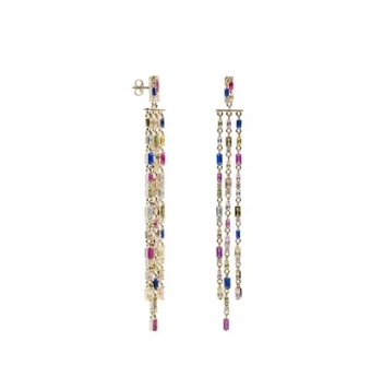 PENDIENTES LARGOS MUJER LINEARGENT PLATA DE LEY 925 CASCADA DE 3 CADENAS CON PIEDRAS MULTICOLOR LARGO TOTAL 9.5 CENTÍMETROS CIER