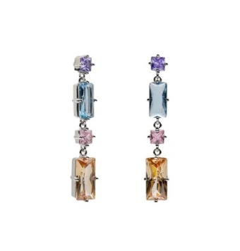 PENDIENTES LARGOS MUJER LINEARGENT PLATA DE LEY 925 CON CUATRO PIEDRAS CUADRADAS Y RECTÁNGULARES MULTICOLOR LARGO TOTAL 4 CENTÍM