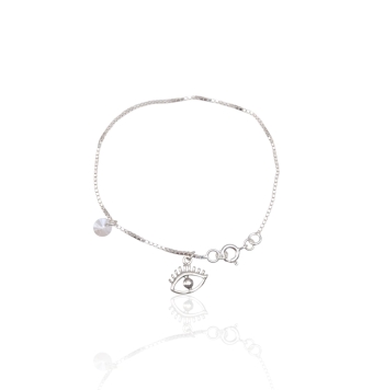 PULSERA MUJER PLATA DE LEY 925 CADENA VENECIANA 1 MILÍMETROS CON OJO TURCO EN EXTREMO 12X11 MILÍMETROS PIEDRA BLANCA DE 4 MILÍM