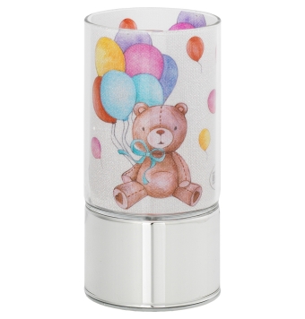 LÁMPARA INFANTIL CRISTAL 7X15 CENTÍMETROS OSITO Y DETALLES COLORIDOS CERCO PLATEADO