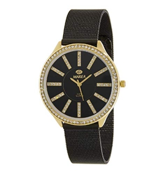 Reloj Marea mujer cadena malla acero pavonado negro caja metal dorada con circonitas esfera negra