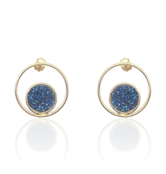 PENDIENTES CELESTE CRYSTAL SWAROVSKI PLATA DE LEY 925 CHAPADO DORADO SILUETA CÍRCULO 21 MILÍMETROS CON CÍRCULO PIEDRAS AZULES