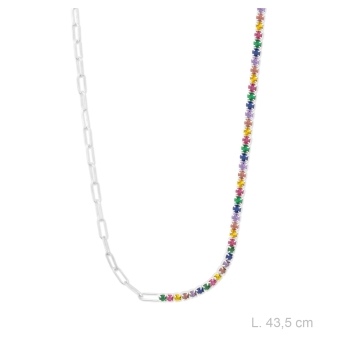 GARGANTILLA PLATA DE LEY 925 MITAD ESLABONES MITAD CRISTALES MULTICOLOR LARGO AJUSTABLE 42 CENTÍMETROS