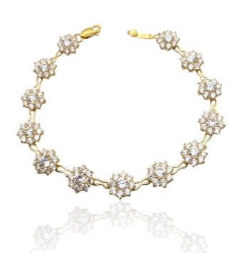 PULSERA MUJER ORO AMARILLO 18 KILATES ESLABONES ROSETÓN CON CIRCONITAS BLANCAS LARGO 19.5 CENTÍMETROS