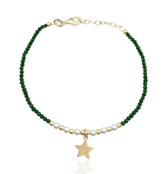 PULSERA PLACARI MUJER PLATA DE LEY 925 CHAPADO DORADO BOLITAS FACETADAS VERDES Y LISAS DORADAS 1.5 MILÍMETROS ALTERNAS CON PERLA