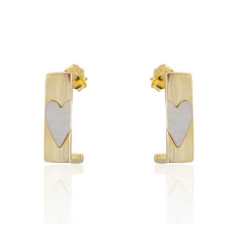 PENDIENTES PLACARI MUJER PLATA DE LEY 925 CHAPADO DORADO FORMA RECTANGULAR 6X18 MILÍMETROS NÁCAR BLANCO FORMA DE CORAZÓN CIERRE