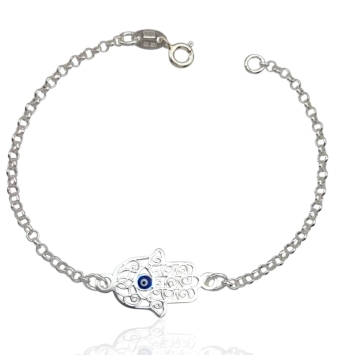 PULSERA PLATA DE LEY 925 ESLABÓN ROLÓ CON MOTIVO MANO DE FÁTIMA EN EL CENTRO OJO TURCO ESMALTADO LARGO 17 CENTÍMETROS