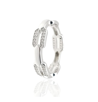 ANILLO MUJER ATLÁNTIDA PLATA DE LEY 925 TIPO ESLABONES OVALADOS CIRCONITAS BLANCAS Y BARRA LISA ALTERNOS