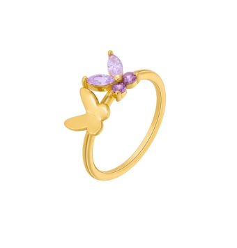 ANILLO MUJER MAREA PLATA DE LEY 925 CHAPADO DORADO CON DOS MARIPOSAS CON PIEDRAS VIOLETAS