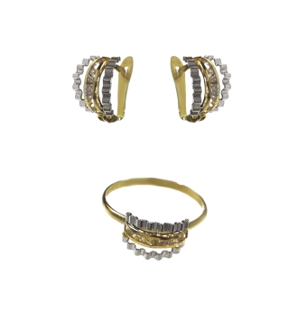 JUEGO COMUNION PENDIENTES Y ANILLO ORO BICOLOR BORDES ORO BLANCO DENTADO MEDIO CIRCONITAS