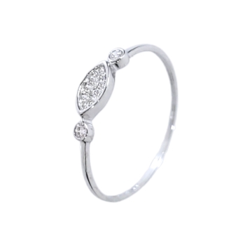 ANILLO MINIMIALISTA MUJER ORO BLANCO 18 KILATES CENTRO OVALADO Y DOS CIRCULOS CON CIRCONITAS BLANCAS